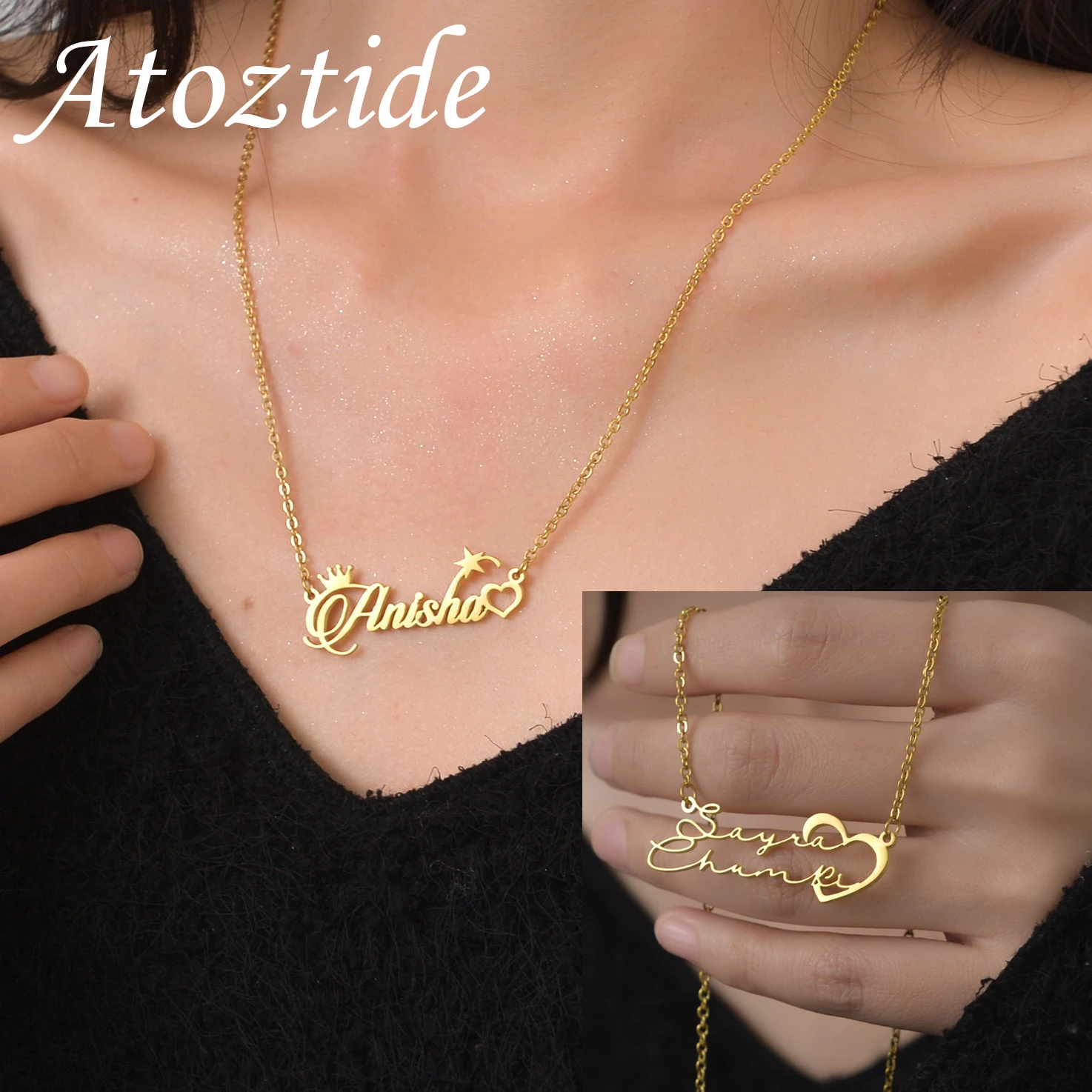

Atoztide Personalized Custom Star Heart Name Necklaces for Women Stainless Steel Pendant Choker Link Chain Birthday Jewelry Gift