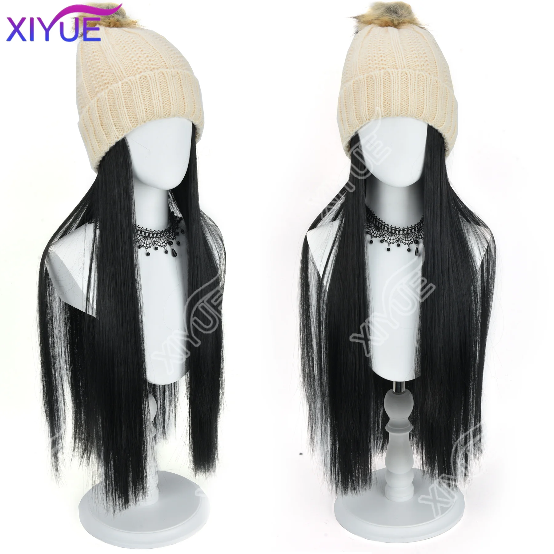 XIYUE Hat Wig Synthetic Hat Hair Extensions Wigs For Women Long Straight Hair Warm Plush Knitted Autumn Winter Cap