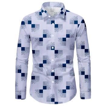 Camicia da uomo casual con risvolto abbottonato a maniche lunghe con stampa geometrica per la primavera, l'estate, l'autunno e l'inverno, bei vestiti multicolori adatti a casa e ai viaggi 1
