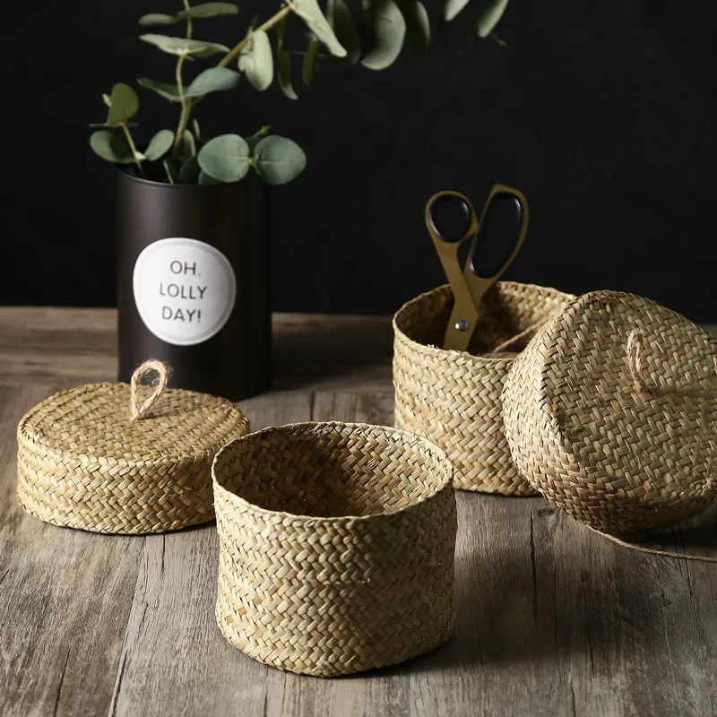 Weaving Snack Storage Box Handmade Storage Baskets Wicker Wardrobe Table Round Gift Box Wicker Seagrass Flower Pot Home Sundries 5