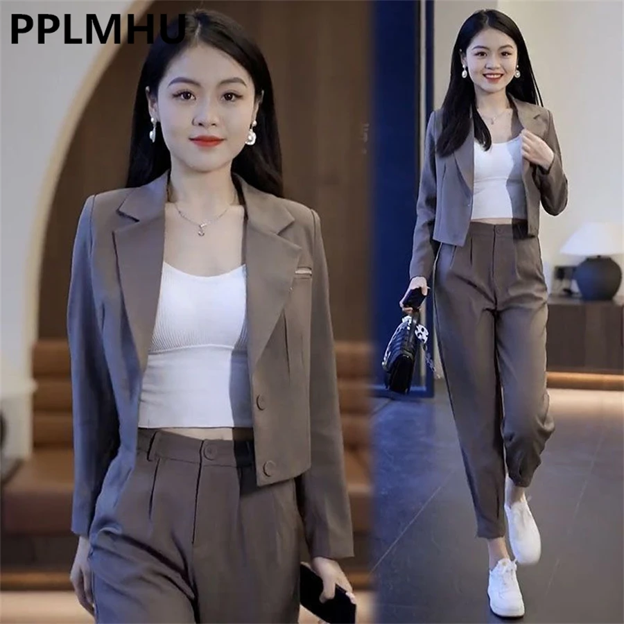 

Korean Office Short Suits 2 Piece Sets Cropped Blazer Coats Ankle Length Harem Pants Casual Outfits Formal Female Fall Conjuntos