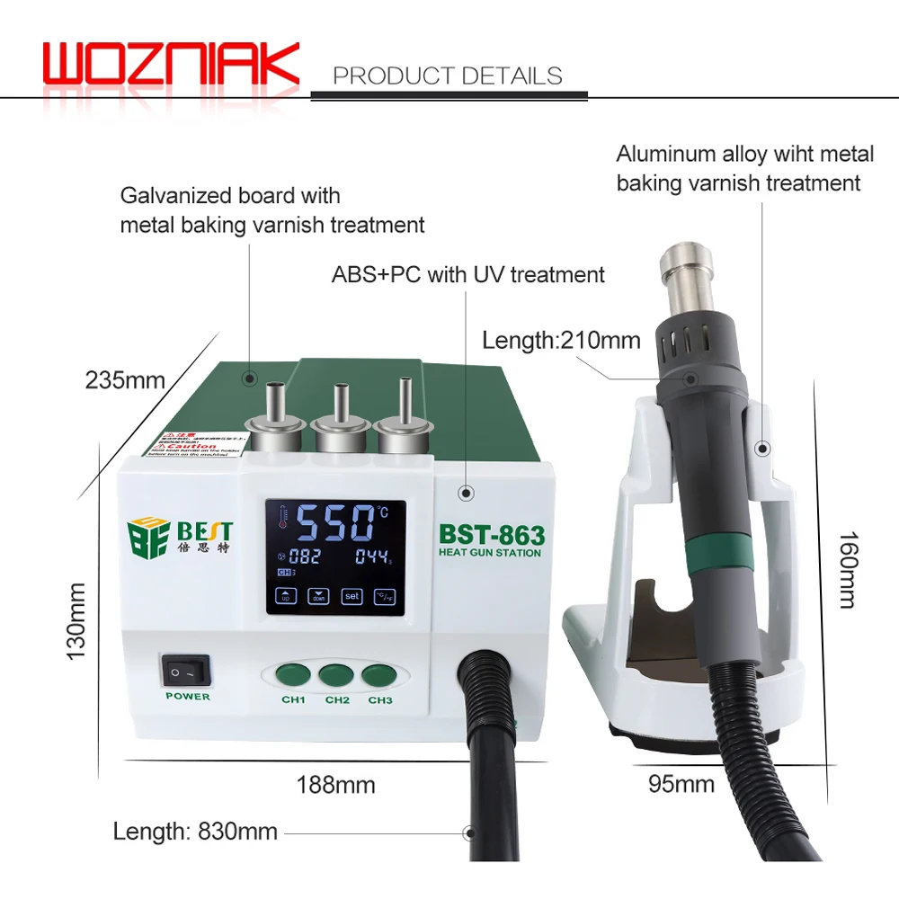 Original BST-863 Lead-free Hot Air Rework Station Soldering Touch Screen LCD 1200W 220V For Phone CPU PCB Windmill Stand 3