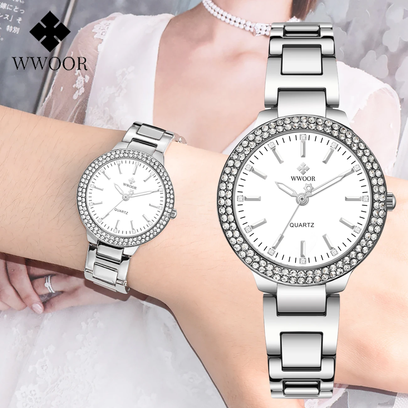 

WWOOR Elegant Woman Watch Fashion Ladies Diamond Watches Waterproof Stainless Steel Quartz Bracelet Watch Gift Relogio Feminino