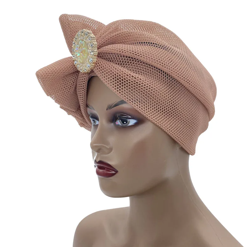 Breathable Summer Mesh African Headtie Rhinestone Laminated Turban Hat Nigeria Auto Geles Already Made Headgear Afri