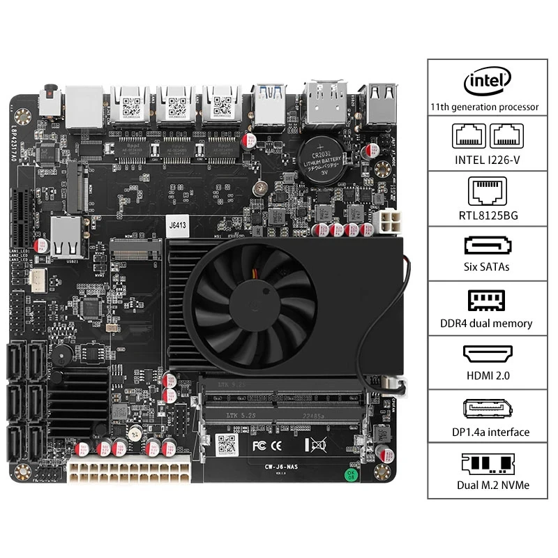 NAS Motherboard J6413 J6412 2*Intel i226-V 1*RTL8125BG 2.5G LANs 2*NVMe 6*SATA3.0 2*DDR4 1*PCIe Mini ITX Soft Router Mainboard 6