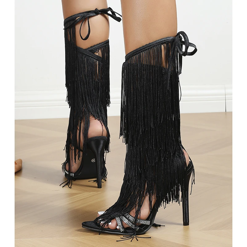 Pointed Peep Toe Tassel Bow Rhinestone Women Sandals Boots Summer Stiletto Heels Buckle Black Gladiator Shoes Model Runway Shoes