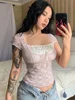 2025 New Retro Lace Tops Women y2k Gothic Sweety Shirts Short Sleeve Lace Square Neck Crop Tops and Blouses Summer Tshirt 4