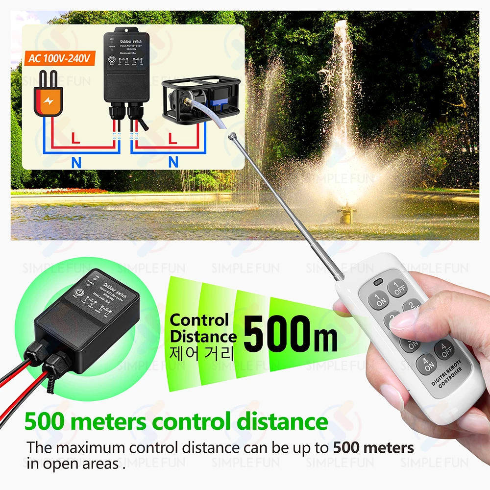 펌프 램프 선풍기 무선 리모컨 스위치, 야외 방수, 500m 제어 범위, 30A 고출력 릴레이, 433Mhz, 110V, 220V