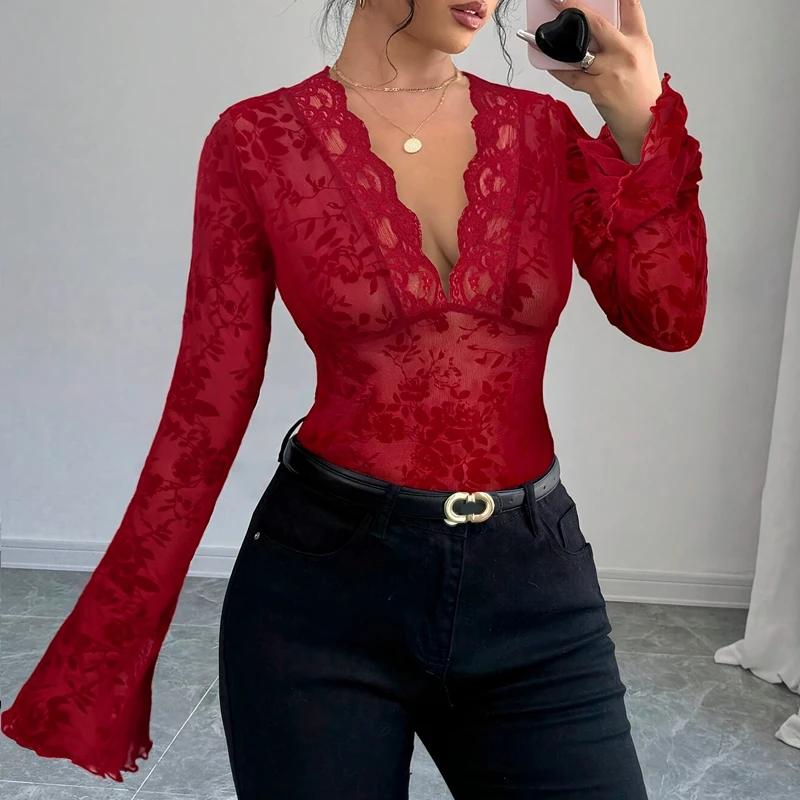 New Fashion Spring and Summer Women's V-Neck Lace Flared Sleeve Shirt Hollow Retro Long Sleeve Solid Color Casual Blouse Top