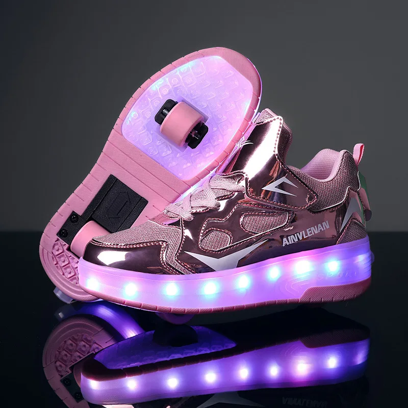 Air Mesh LED Children Wheels Shoes USB Charging Fashion Breathable Boys & Girls Kids Roller Sneakers Size 27-41 breathable led children wheels shoes usb charging fashion air mesh boys