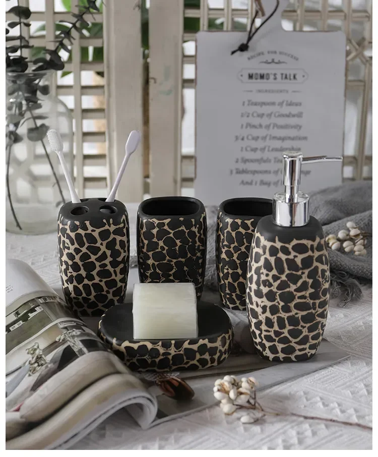 

Set Toothbrush High Leopard Ceramic Mouth Wash Soap Toiletries Lotion Dish Bottle Holder Cup Supplies Bathroom Quality Bathroom