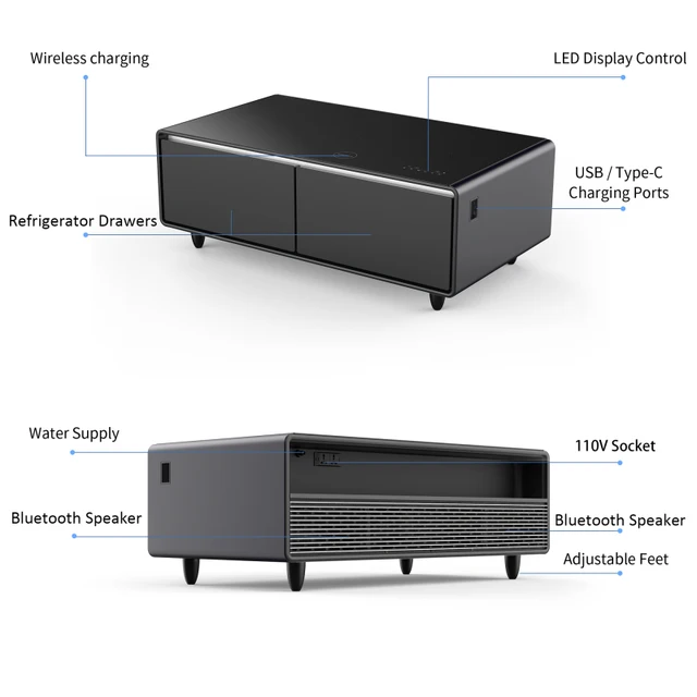 Shykey Table Basse Intelligente, Table D'appoint De Salon avec  Réfrigérateur Et Haut-Parleurs Intégrés, Table D'appoint Multifonction avec  Charge sans Fil 15 W, Haut-Parleur Bluetooth,Noir : : Gros  électroménager