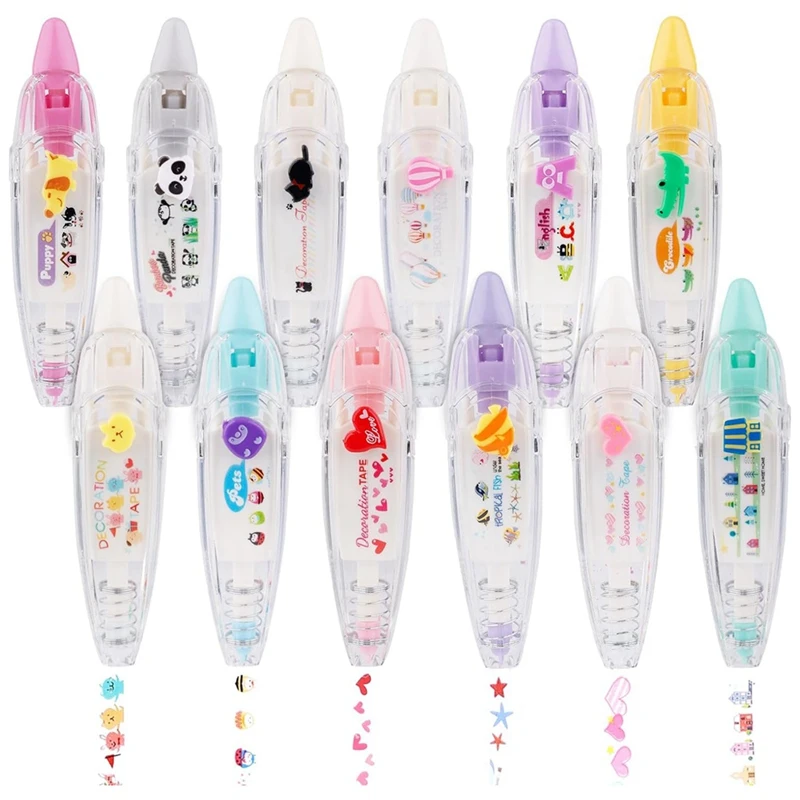 

12Pcs Decorative Tape Pen Kit Press Type Decorative Pen Set Kit Correction Tape Pen Animal White Out Tape Tape Roller Pen