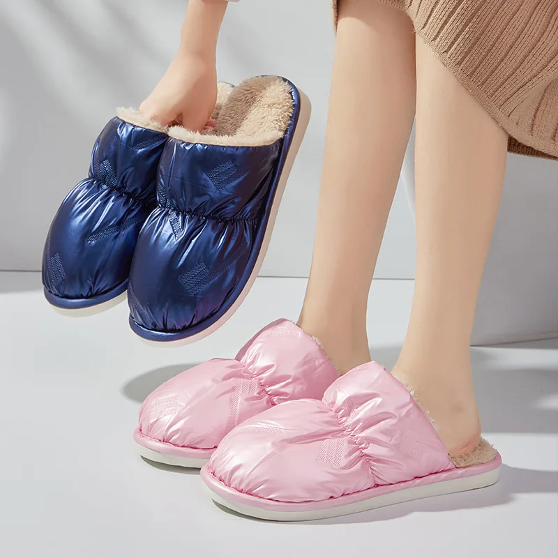 2022 Winter Couples Outer Wear Glossy Waterproof Upper Floor Slippers Women's Household Warm Down Cloth Cotton Shoes Mujer