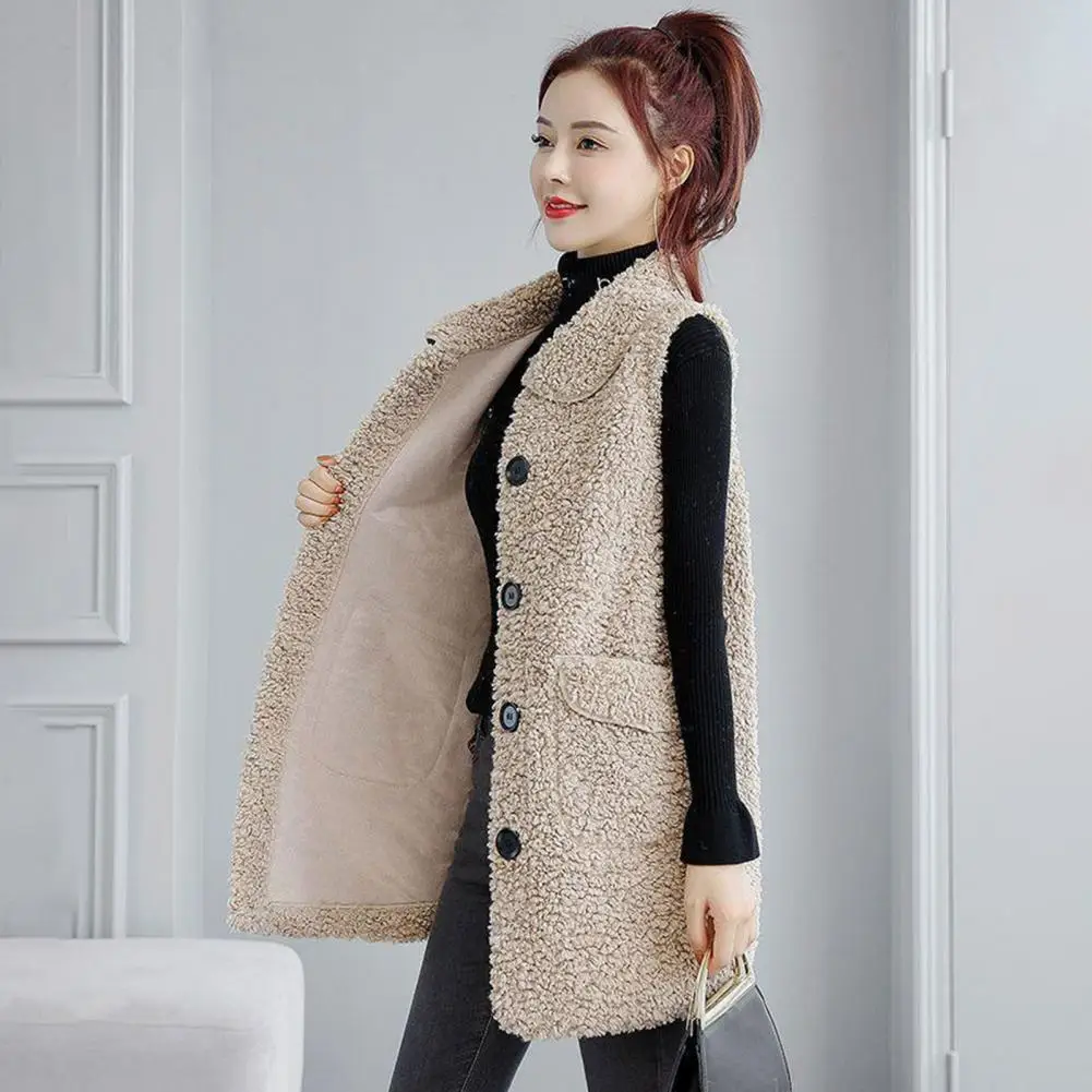 

Soft Warm Vest Women's Fall Winter Sleeveless Fleece Vest Coat with Lapel Pockets Mid Length Thick Warm Soft for Ladies