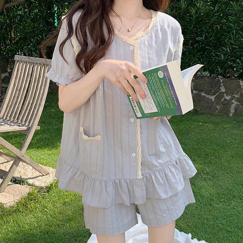 

100% Cotton Women Pajama Set Summer Lolita Princess Vintage 2 Piece Lesbian Sleeve Pullovers Shorts Suit Loungewear Lady Thin St