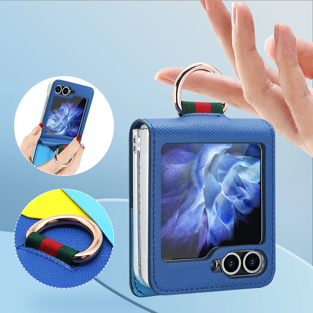 Color Collision Design Z Flip Phone Case with Finger Ring and Card Slot, Premium PU Leather