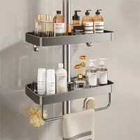 1/2PCS Shower Rack Punch-Free Bathroom Tray With Towel Bar Hooks Shampoo Holder Floating Shelf For Toilet Bathroom Organizer 1