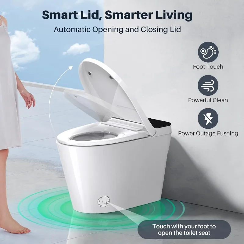 Smart Toilet with Built-in Tank & Bidet Auto Open/Close Foot Sensor Flush Dryer Heated Seat Soft Close Elongated 5