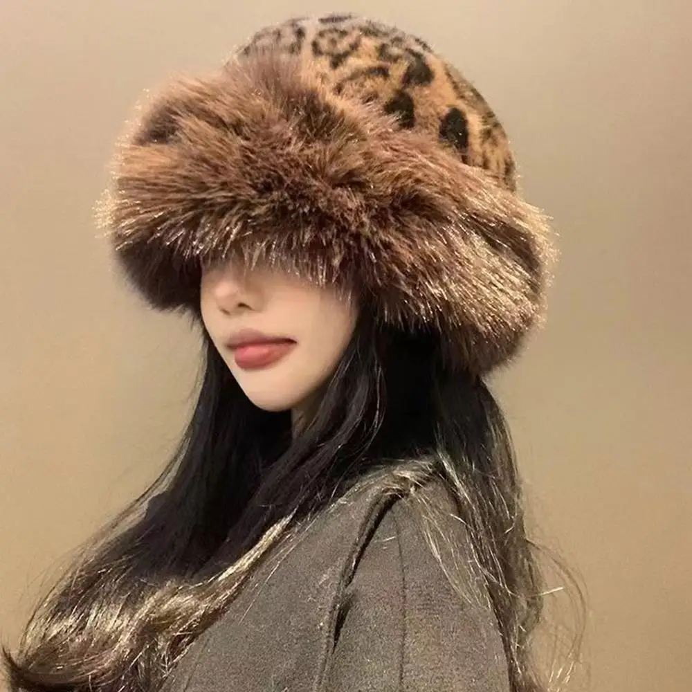 Winter Plush Ear Protection Leopard Print Cap Windproof Keep Warm Headgear Fluffy Fur Fisherman Hat for Women Fashion Female Hat 2