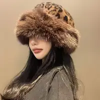 Winter Plush Ear Protection Leopard Print Cap Windproof Keep Warm Headgear Fluffy Fur Fisherman Hat for Women Fashion Female Hat 2