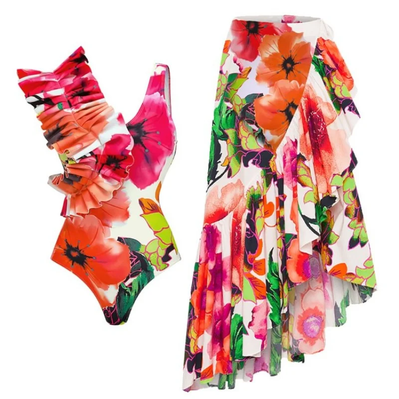 2024New Sexy One-Piece Swimsuit Women's Bikini Ruffled Printed SwimsuitbikiniMesh long dress
