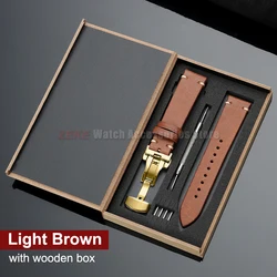 Elegant Genuine Leather Watch Band with Wooden Box & Butterfly Clasp Bracelet - 22mm (Light Brown - Gold)