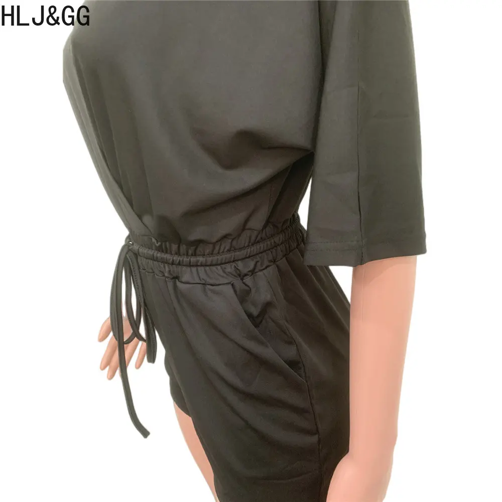 HLJ&GG Elegant Lady Lace Up Rompers Women Deep V Short Sleeve Slim Jumpsuits Casual Solid Bandage With Pocket One Piece Playsuit