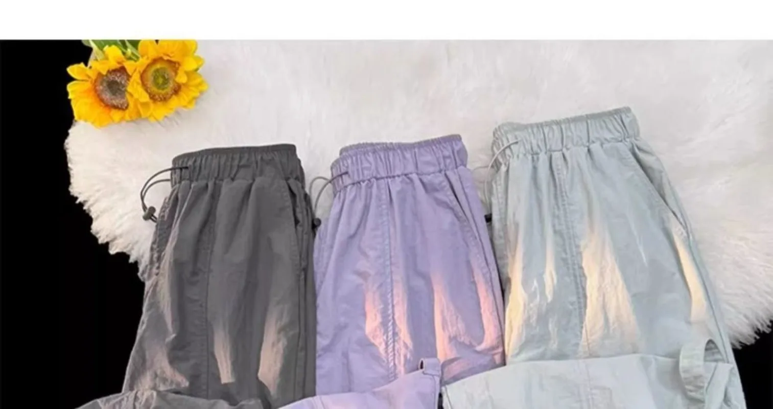 우아하고 얇은 봄, 가을 작업 바지 심플하고 우아한 다용도 하이 웨이스트 루즈 캐주얼 개성 있는 스포츠 바지