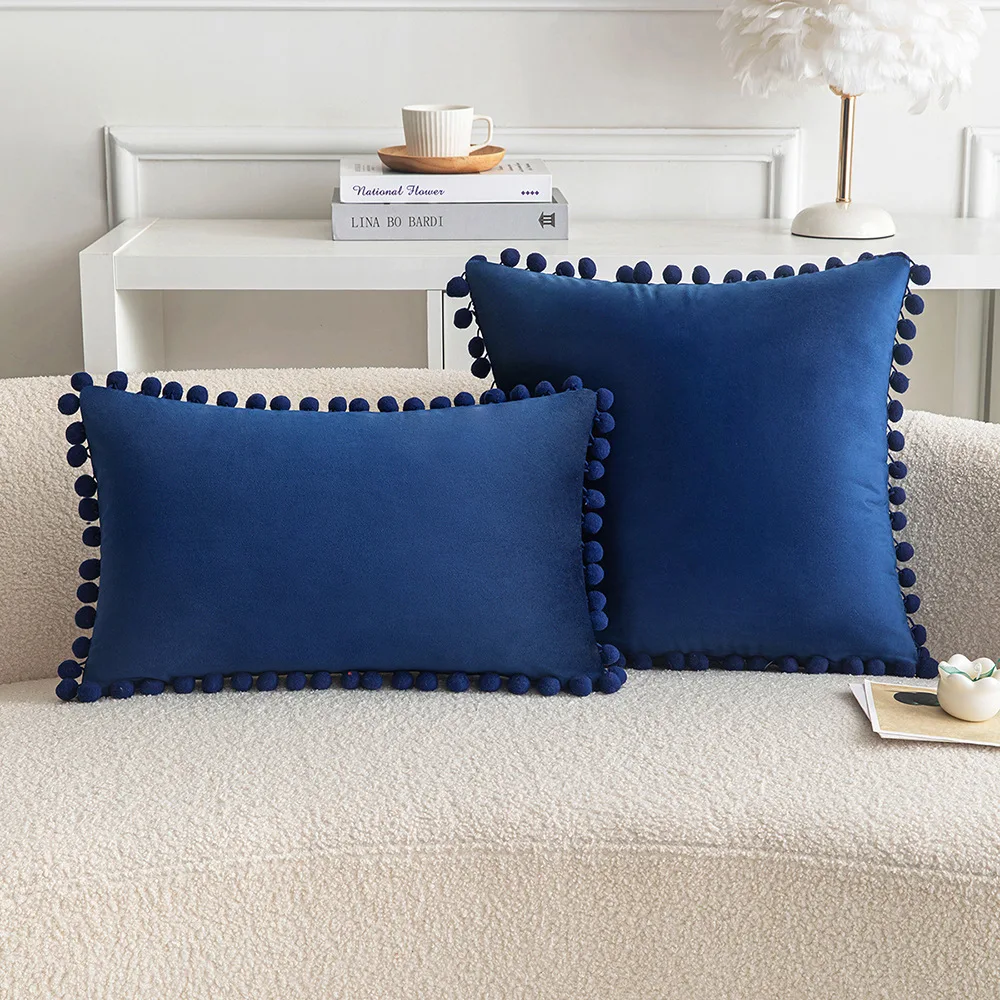 Blue pompom velvet pillow cover