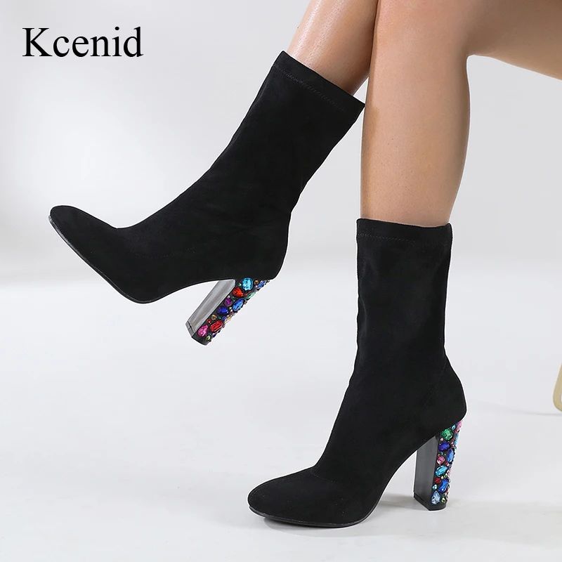 

Kcenid 2023 New Winter Round Toe Ankle Boots Women Fashion Style Crystal Chunky High Heel Ladies Short Chelsea Booties