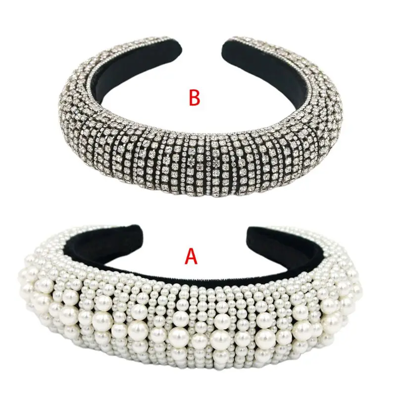 

Baroque for Palace Luxury Full Jewelry Headband Womens Thick Sponge Padded Wide H Hoop Glitter for Rhinestone Imitation Pearl