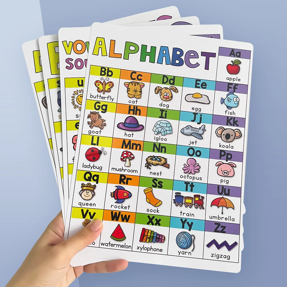 4Pcs/Set Children English Phonics A4 Posters Alpphabet Vowel Blends Digraphs Learning Chart Classroom Decoration Teaching Aid 3