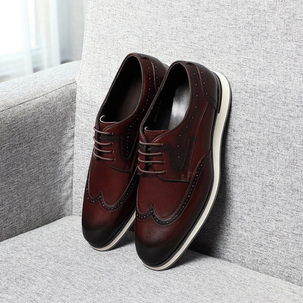 Natural Cowhide Genuine Leather Men's Casual Derby Dress Shoes Brogue Wingtip Flat Shoes Spring Autumn Elegant Sneakers for Men