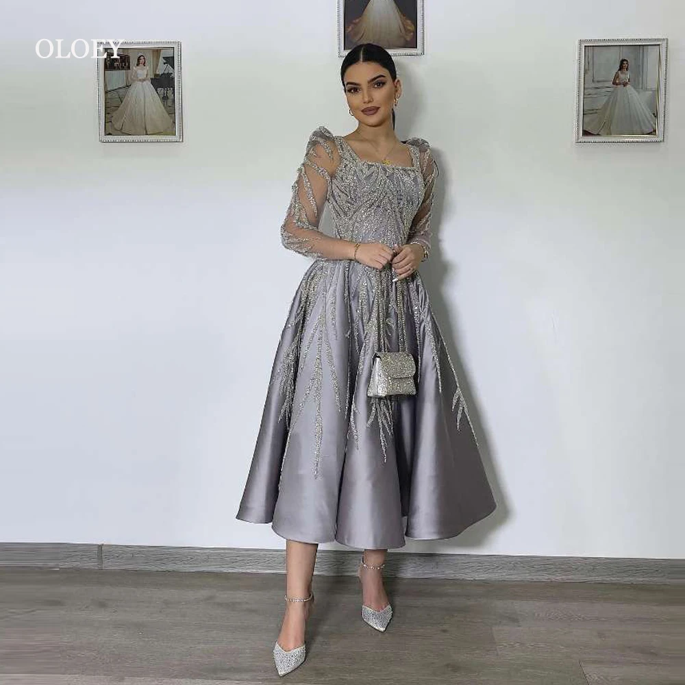 Arabic Grey Mermaid Spaghetti Straps Elegant Evening Dresses Gowns Luxury Beaded 2025 For Woman Party LA71652