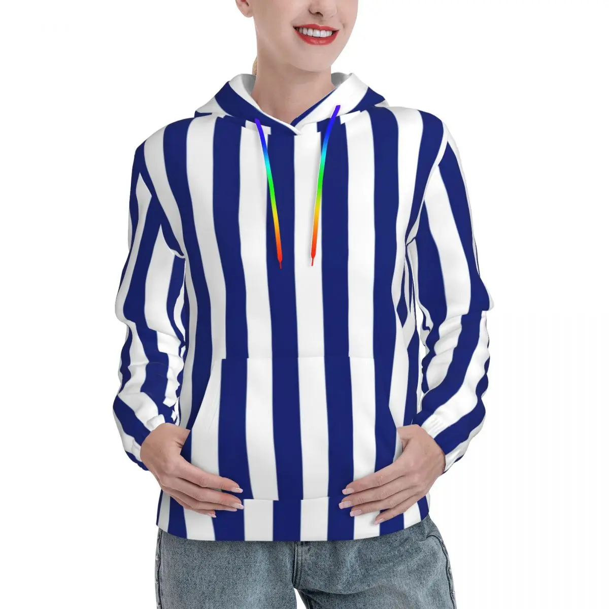 

Vertical Striped Casual Hoodies Blue Lines Print Vintage Hooded Shirt Spring Long Sleeve Outerwear Oversize Pullover Hoodie Gift