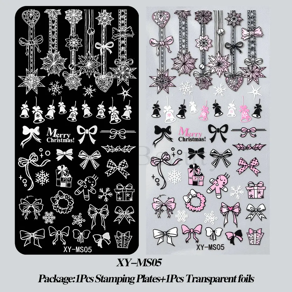 1PC Ribbon Bowknot Nail Stamping Plates Snowflake Lace Print Stainless Steel Manicure Stencil Winter Christmas Nail Art Template 2