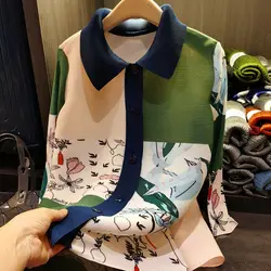Korean elegant Pleated printed long sleeved cardigan long sleeved jacket for women's Shirts fashion Oversized luxury blouse 2023