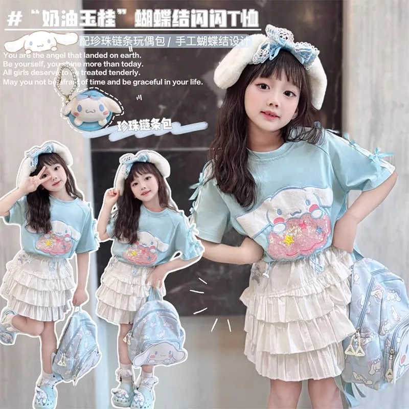 

Новинка 2024 г., Sanrio Kawaii Cinnamoroll, летний комплект из двух предметов для девочек, мультяшная Милая хлопковая Детская футболка с коротким рукавом