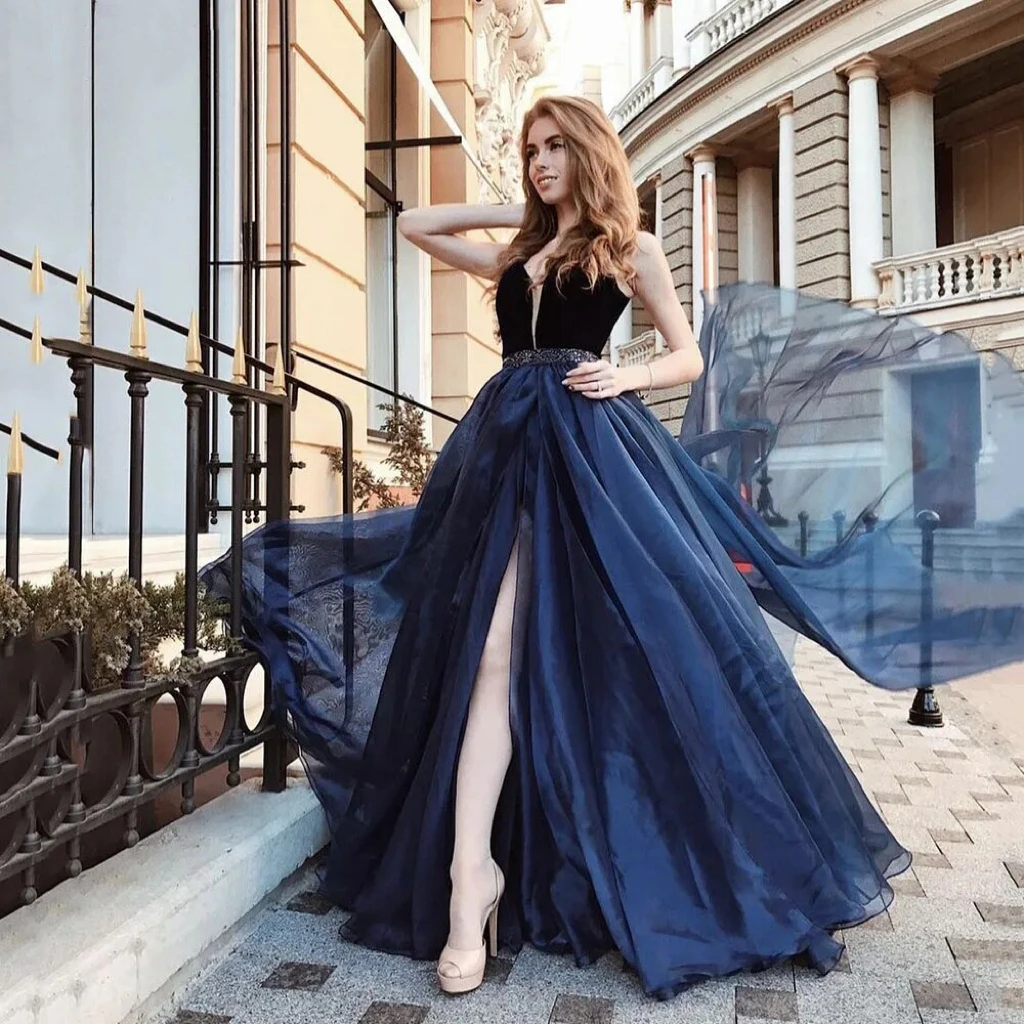 

2023 Elegant Black Evening Dresses Women V-neck Organza Beading A-Line Slit Formal Occasion Long Prom Dress vestidos de noche