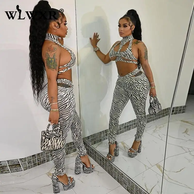 

WLWXR Spring Fall Turtleneck Leopard Print White Pants Sets Slim Casual 2 Two Piece Set Women Hollow Out Tops And Pencil Pants