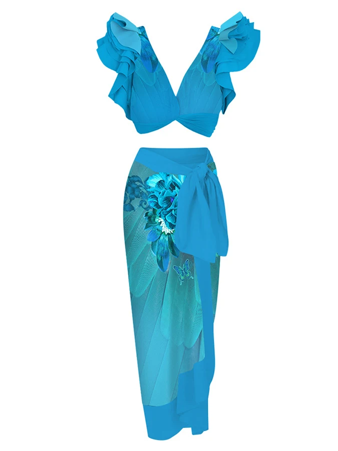 Blue Bright Print Fashion V-neck Lace Pleats Seaside Resort Symmetrical Two-piece Bikini And Cover Up 2023 Summer Women Newest