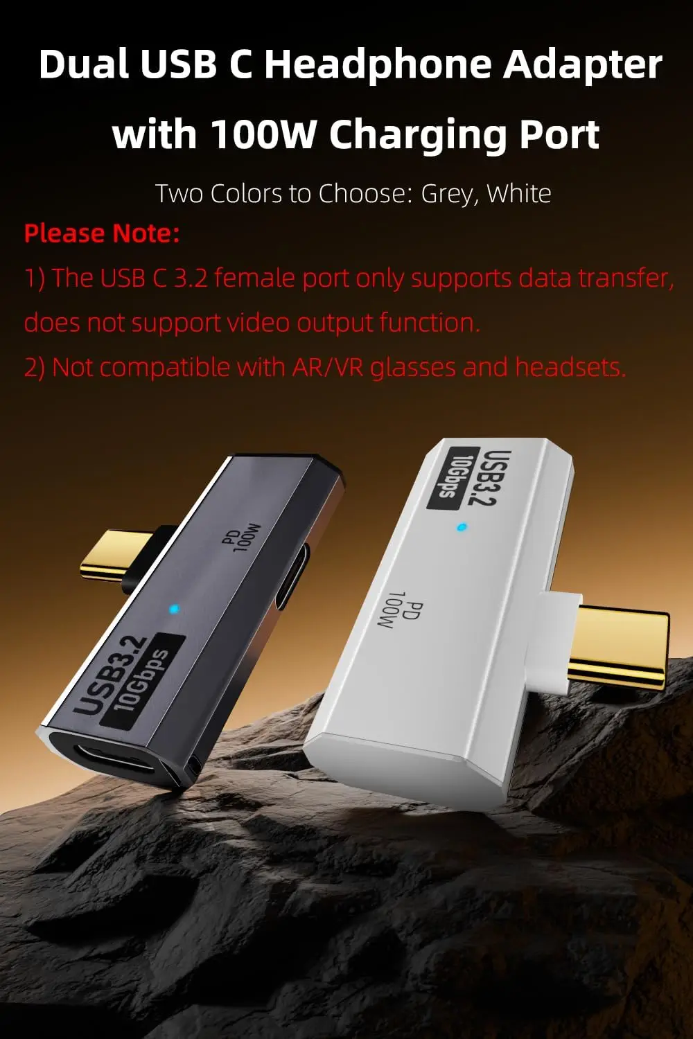 100W 충전 포트가 있는 듀얼 USB C 헤드폰 어댑터, Rog Ally, Steam Deck, Quest 2,iPhon용 2-in-1 USB Type C 분배기 동글