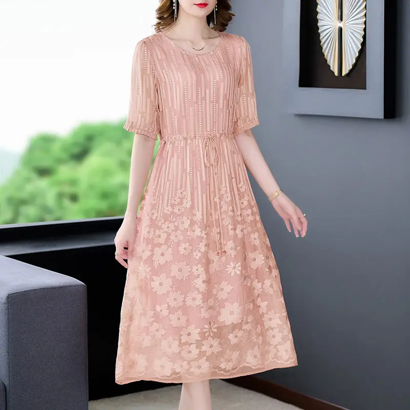 

Mom's Birthday Gift Dress 2023 Summer High End Style Large Size Loose Lace Up Jacquard Dress Women Elegant Midi Vestidos Z1520