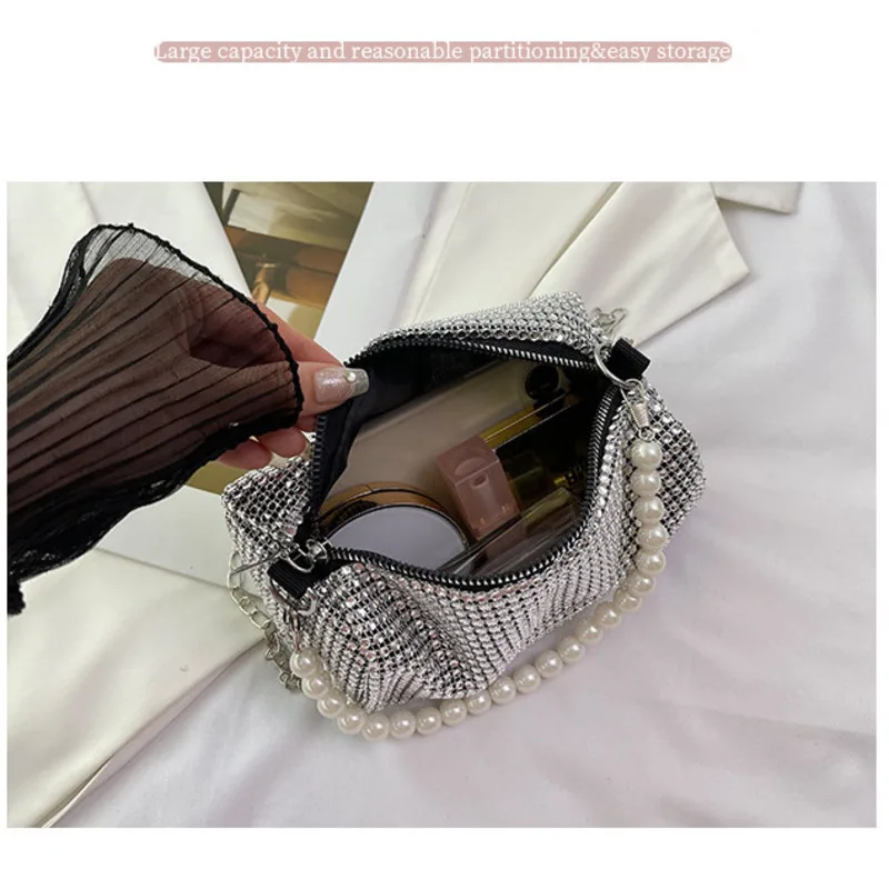 Borsa a tracolla Boston a mano con catena occidentale alla moda, nuova primavera/estate, con diamante lucido e perla sotto le ascelle_voghion.com