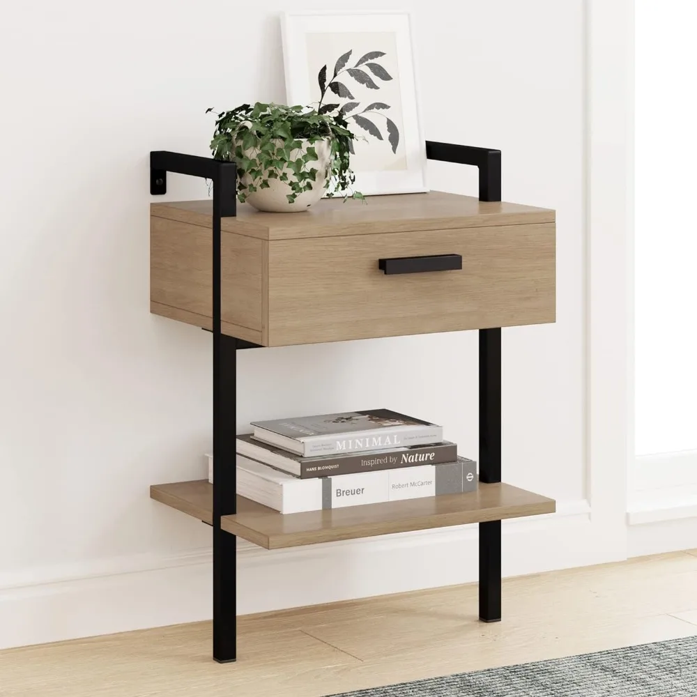 

1 Bedroom Furniture 2-Tier Industrial Wood Wall Mount Rustic Bedside Table Nightstand With Drawer and Storage Shelf Oak/Black
