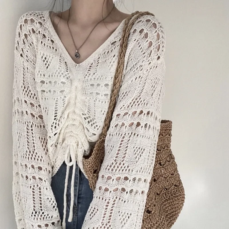 

DUOFAN Oversize Knit Pullovers Loose V-neck Female Sweaters Spring Autumn 2023 New Chic Long Sleeve Ice Silk Tops Women Clothing