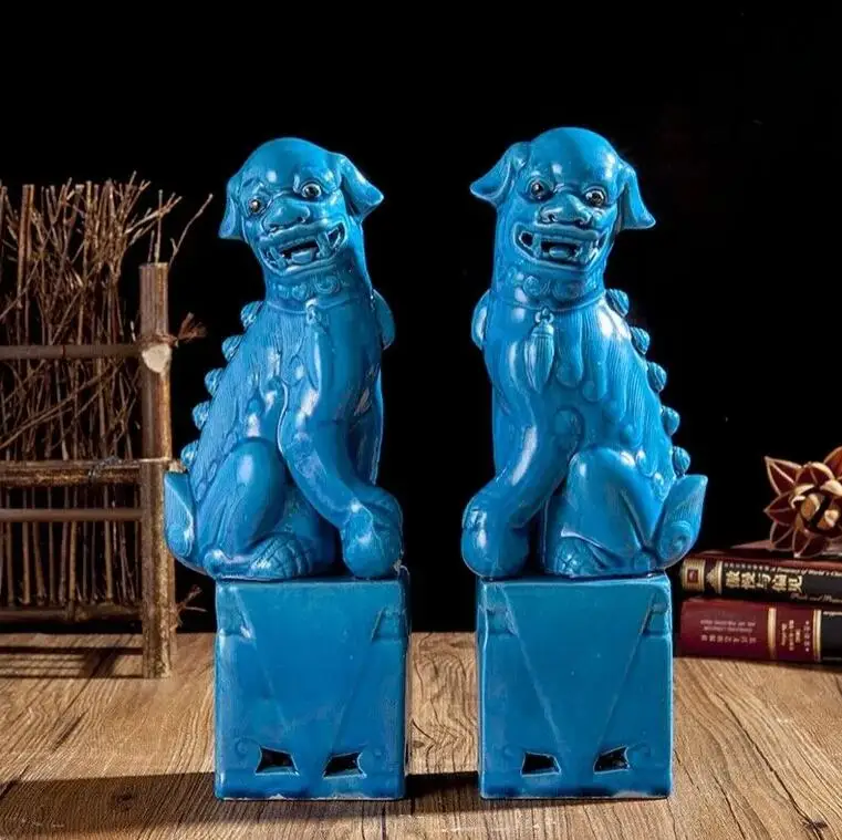 

Chinese Jingdezhen Ceramics Porcelain Blue Foo Fu Dog Guardion Lion Statue Pair