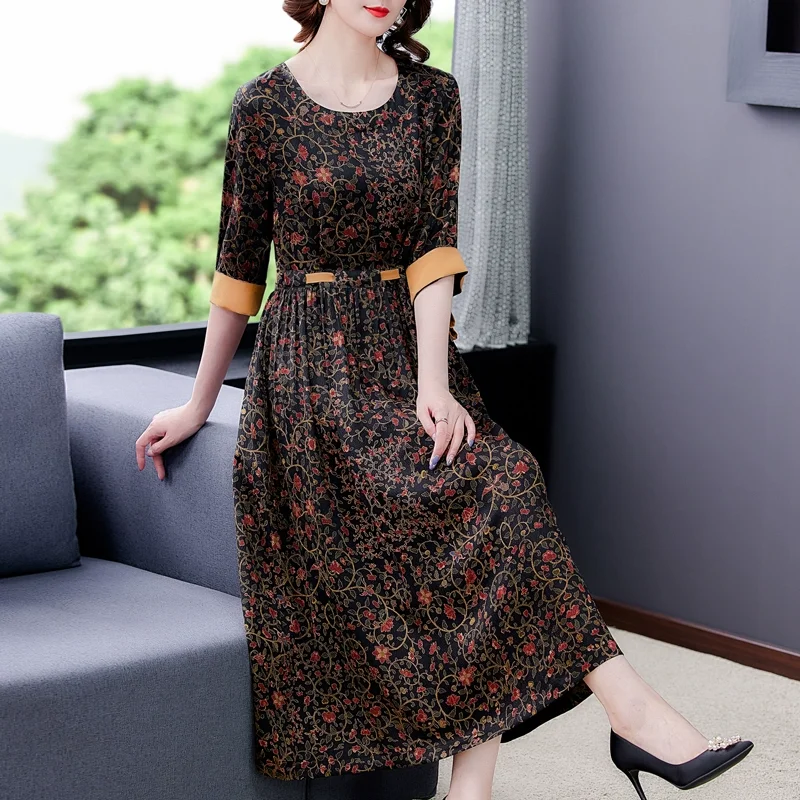 

2023 New Fashion Velvet Dress Women's Autumn Versatile Print Knee Length Dress French Loose Tight Fragmented Flower Vestidos