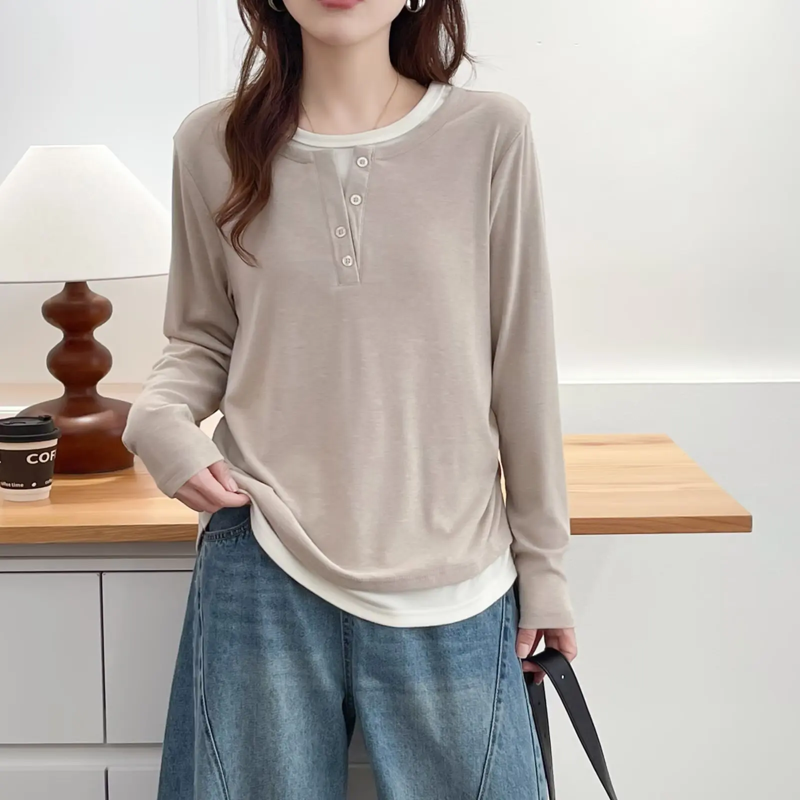 XXXXL Fashion Plus Size Women's T-Shirt Fake 2 Pieces Long Sleeved Stylish Tops Autumn Oversized Fold Side Base Tees 8223